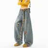 Pantalones vaqueros de pierna recta ancha para mujer, estilo caricatura americana divertida bordados con toalla, corte holgado, lavados y desgastados, diseño único