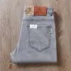 Estação europeia verão fino azul claro cinza lavado retrô cintura média-alta micro elástico masculino cinco bolsos solto reto casual calças