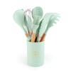 Utensilios de cocina de silicona antiadherentes para ollas, espátula, cuchara para sopa, colador, cubo de almacenamiento de 10 piezas, silicona para utensilios de cocina con mango de madera color blanco leche