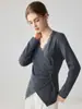 Suéter de tricô elegante 100% caxemira pura estilo francês para mulheres, gola V, com renda nas mangas compridas, design cruzado, top afunilador