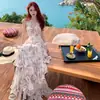 Vestido Largo de Chifón Estampado Estilo Resort Francés con Cuello Halter y Volantes para Mujer con Escote en V