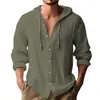 Camisa Masculina Casual Esportiva de Algodão e Linho com Capuz de Manga Longa Cor Sólida Respirável com Botões de Comércio Exterior Europeu e Americano