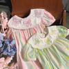 Vestido de Niña con Cuello Peter Pan Bordado de Lazo Manga Corta Estilo Verano 2026 Rayas de Colores Dulce Vestido de Princesa Estilo Coreano