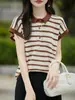2026 Verano Nuevo Algodón Puro Cuello Polo Camisa de Punto Manga Corta para Mujer Bloque de Color Rayas Casual Versátil Top Camisa Base