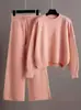 Suéter de Punto para Mujer Conjunto Casual de Dos Piezas Cuello Redondo Hombro Caído Manga Larga Jersey Pantalones Rectos de Pierna Ancha Suéter Holgado