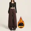 Jeans largos e grossos forrados com fleece na cor laranja jovem # Outono e inverno para mulheres, corte solto, emagrecedor, cobre o corpo, quente, casual, versátil, calças compridas