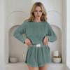 Conjunto de Duas Peças para Levar Estilo Europeu e Americano Primavera e Outono Novo Top Pulôver Feminino Americano Shorts Largos