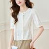 Camisa Bordada Gola Redonda em Algodão Cocoon para Mulheres, Manga Curta, Novo Estilo Verão 2026, Top Bordado, Novo Estilo Chinês com Fechamento de Botão, Camisa 100% Algodão