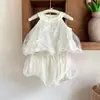 Ropa Infantil Estilo Coreano Estilo Verano Niñas Lazo Nudo Doble Capa Organza Brote de Flor Conjunto Chaleco Bebé Infantil Conjunto de Dos Piezas