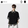 Camisa Polo Patchwork de Xadrez Preto de Manga Curta para Homens, Estilo Americano de Verão, Falso Duas Peças, Gola Reversível, Corte Cleanfit, Manga Meia-Manga com Caimento Regular no Ombro