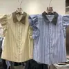 Camisa de Verano Nueva Estilo Coreano con Diseño de Cuello Rayas Mangas Cortas Volantes Pequeñas Volantes Top para Mujer Transfronterizo Dulce y Juvenil