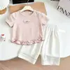 Conjunto Duas Peças Novo de Verão 2026 para Meninas: Camiseta Doce de Renda com Manga Curta e Calça Longa em Estilo Princesa Elegante