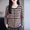 Cárdigan de Punto para Mujer con Cuello Redondo, Nuevo Estilo Otoño e Invierno, Chaqueta de Manga Larga a Rayas Bloque de Color, Top Holgado y Versátil a Rayas Bloque de Color