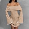 Vestido de Malha com Renda, Acinturado, Sexy, Ombro a Ombro, Manga Sino, Moda Francesa, Saia para Mulheres, Cruzamento Europeu e Americano 2024