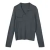 Suéter de Punto de Lana para Mujer con Cuello en V Estilo Minimalista Old Money, Nuevo Estilo Otoño con Doble Bolsillo, Top de Manga Larga de Color Sólido para Mujer