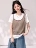 Top de manga corta estilo coreano con sensación holgada, tipo dos piezas falsas, para mujer, diseño de verano estilo perezoso, bloque de color, patchwork, manga corta