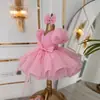Vestido rosa de comercio exterior transfronterizo para niña con mariposa tridimensional, falda abullonada, vestido de princesa para niña de flor de bautizo de un año con mangas abullonadas
