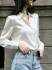 Elegante camisa blanca de satén estilo francés para mujer, de manga larga, con cuello de solapa, corte ajustado, favorecedora, adecuada para el trabajo y el uso diario, top versátil para el verano