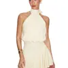 Vestido de dos piezas de estilo europeo y americano, nuevo, de color liso, para vacaciones, corte ajustado, sexy, sin espalda, cuello halter, entallado a la cintura, con falda corta abullonada, para mujer