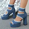 Zapatos de Mujer Talla Grande 34-45 44 Nuevos Tacones Altos de Mezclilla Mujer 43 Sandalias de Plataforma con Tacón Grueso Punta de Pez Europeas y Americanas 42
