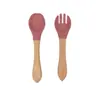 Cuchara Tenedor de Silicona para Bebé Dumo con Mango de Madera traje Cuchara Tenedor para Alimentación Infantil Suave Resistente a Caídas Alimentos Complementarios para el Hogar del Bebé