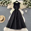 Estilo Francés Entrada Lujo Socialité Cuello Cuadrado Sin Mangas Vestido Mujer Verano Lazo en la Cintura Adelgazante Elegante Estilo Hepburn Vestido Largo