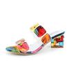 Verano Nuevo Estilo Coreano Pedrería Tacón Grueso Patrón de Una Línea Color Caramelo Tacón Medio Moda Ropa Exterior Sandalias y Pantuflas de Mujer