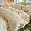 Conjunto de cama de gaze dupla camada de algodão com desenho animado, conjunto de quatro peças de algodão puro para crianças, incluindo capa de edredom, lençol de cima, lençol com elástico, conjunto de três peças para dormitórios estudantis