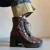 Botas Elegantes Versátiles de Tacón Alto de 7.5cm y Suela Gruesa para Mujer Estilo Británico Impermeables con Plataforma y Cordones Botines Cortos Elásticos Ajustados para Mujer