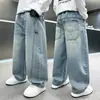 Jeans de Pierna Ancha para Niños de Primavera y Otoño Marca Trendy Holgados Ropa de Otoño Pantalones Largos Rectos Lavados al Agua Estilo Coreano