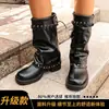 Botas de mujer con hebilla de remache negro, nuevo estilo otoño 2026, botas plisadas de plataforma, tacón grueso, botas cortas adelgazantes hasta la pantorrilla