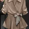 Camisa Elegante de Trabajo con Lazo para Mujer, Estilo Amazon Transfronterizo Europeo y Americano, Cuello en V, Ceñida a la Cintura, Top de Trabajo Adelgazante