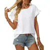Amazon Camiseta Feminina Europeia e Americana Transfronteiriça 2025 Primavera e Verão Nova Cor Pura Gola Redonda Doce Manga Curta Recorte Top