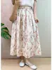 Ropa de Seda Qingmei: Falda de algodón floral de longitud media para mujer, artística y fresca, de cintura alta, falda de línea A adelgazante para figuras petite