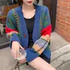 Nuevo suéter retro de punto oversized estilo Hong Kong para otoño e invierno, prenda exterior para mujer, cárdigan de punto a rayas de bloques de color