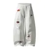 Calça Casual Retro Americana Bordada com Estrela e Cachorro para Homens e Mulheres, Nova Calça de Cintura Alta Emagrecedora Solta de Comprimento Total Wide-Leg