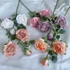 Flores Artificiales para Uso en Bodas, Rosas al por Mayor Transfronterizas, Flores Falsas, Rosas de 3 Cabezas con Borde Tostado, Flores Artificiales para Arreglo de Escenas, Flores de Seda