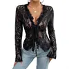 Camisa de Encaje Nueva Primavera/Verano 2026 en Stock, Elegante Camisa de Encaje de Manga Larga para Mujer Transfronteriza con Cuello en V y Corbata