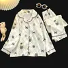 Conjunto de ropa de casa para niños con cuello de solapa, adecuado para primavera y otoño, fino y ligero, cárdigan de manga larga, estilo coreano, pijama de algodón con estampado de nubes para niñas