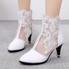 Botas de Malha Respirável Vazadas de Couro Genuíno para Primavera e Verão Femininas Brancas Salto Fino Moda Malha Botas Frescas Tamanho Pequeno 3233