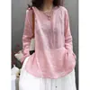 283 # Camiseta lisa de manga larga con cuello redondo de algodón y lino para mujer, ligera para primavera-verano, vestido camisa top de algodón y lino de longitud media