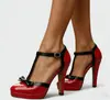 Sandalias de Tira en T con Lazo de Charol Estilo Europeo y Americano 2026 para Mujer con Tacones Gruesos y Suelas Gruesas, Tacones Súper Altos Talla Grande