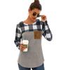 Camiseta de manga larga con bolsillo y cuello redondo con costuras a cuadros para mujer, primavera y verano, 2021
