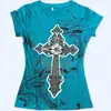 Camiseta de Mujer Estilo Europeo y Americano Transfronteriza Estampado de Cruz Cintura Ceñida Ajustada Patrón Geométrico Retro