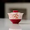 Gaiwan Rojo con Flores de Ciruelo Pintadas a Mano para Uso Doméstico, Juego de Té Gongfu, Gaiwan Delgado de Cerámica Estilo Chino