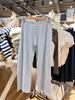 Calça Casual BM Estilo Americano Retrô Nova com Ilhós Azul Estampa de Urso Três Botões Cintura Solta Calça de Casa Feminina