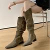Combina con un Traje Pequeño~ Botas Largas Retro de Cuero Genuino Nuevo Estilo Otoño e Invierno 2026 Gamuza de Piel de Vaca Completa Botas Arrugadas de Tacón Grueso y Punta Cuadrada para Mujer
