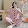 Pijama de algodão bolha estilo ins 2026 para mulheres, manga curta e calça comprida de verão, casual, pode ser usado fora de casa, conjunto simples de casa