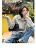 Jaqueta Suéter com Zíper Torcido Cinza para Mulheres Outono e Inverno Espesso Estilo Preguiçoso Novo Zíper Gola de Ovelha Pura Cardigan de Lã