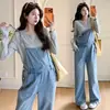 Ropa de Maternidad Otoño Nuevo Peto de Mezclilla Pierna Recta Top de Manga Larga Base Estilo Coreano Moderno Conjunto Casual de Dos Piezas para Mamá